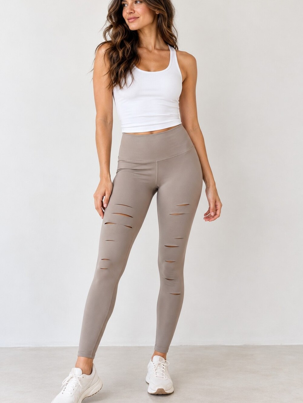 Alo Yoga High-Waist Ripped Warrior Leggings Size Small Taupe Gray Gravel